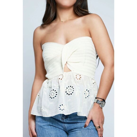 ✨Micas Knot Front Knit Embroidered Tube Sz XS Top Beige✨ - Picture 3 of 10